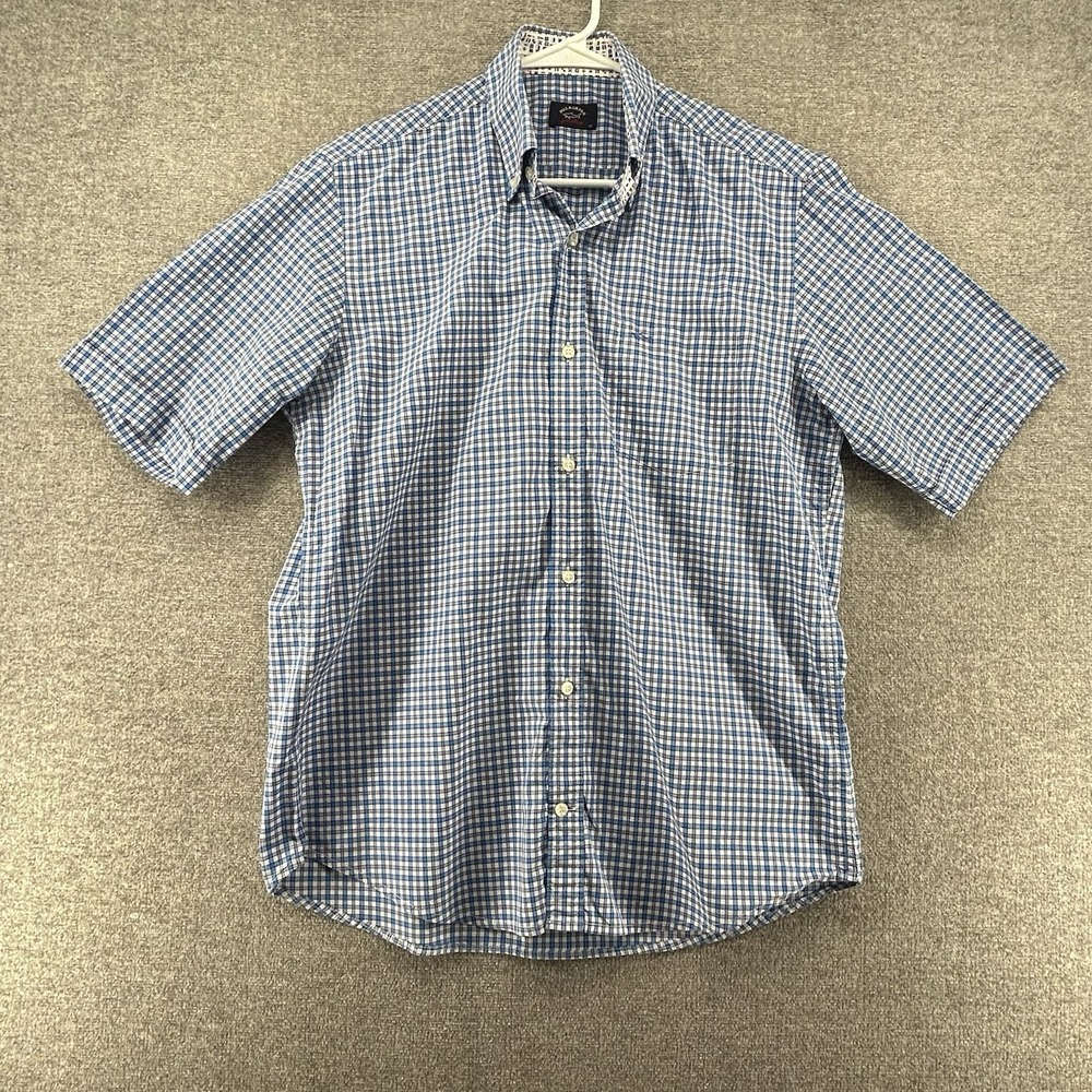 Paul & Shark Short Sleeve Shirt Men Size Medium Checked Blue Casual 100% Cotton